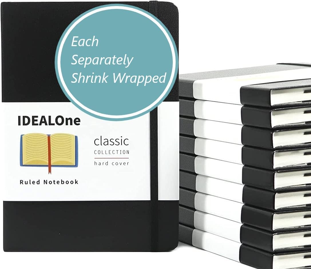 IDEALOne Black 10 pack, Hardcover Leather Journal Notebook Lined–A5(5.7 x 8),College ruled Journaling Notebooks,160 pages,100GSM Paper,Journal for Women,Men, Teens