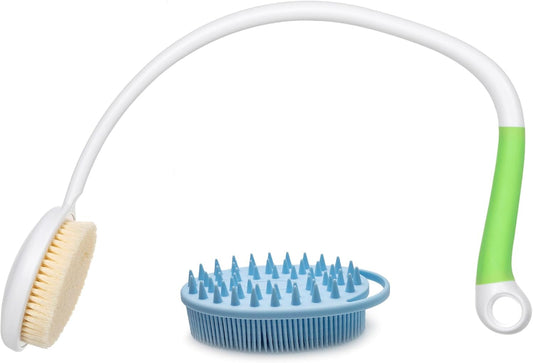 Fanwer 27.5” Back Bath Brush Long Handle for Shower and Silicone Body Scrubber, Shower Back Scrubber with Curved Handle for Elderly, Disabled, Limited Mobility, Post-Surgery, Frozen Shoulder