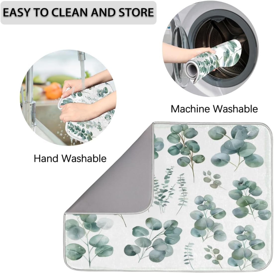 Hexteria Dish Drying Mat for Kitchen Counter Dish Mat Pad Absorbent Microfiber Kitchen Drying Mat Dish Drainer Rack Mat, 18x24 Inch, Eucalyptus Leaves