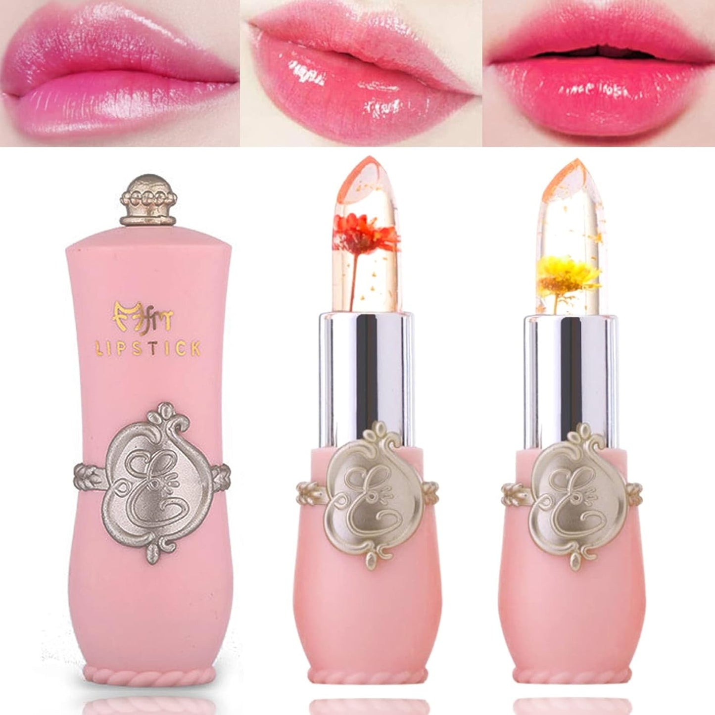 2 Pack Crystal Flower Jelly Lipstick,Magic Color Changing Lipstick,PH Clear Temperature Color Changing Lip Gloss,Lip Balm,Long Lasting Nourishing Moisturizing Lip Stick Set(Set B)