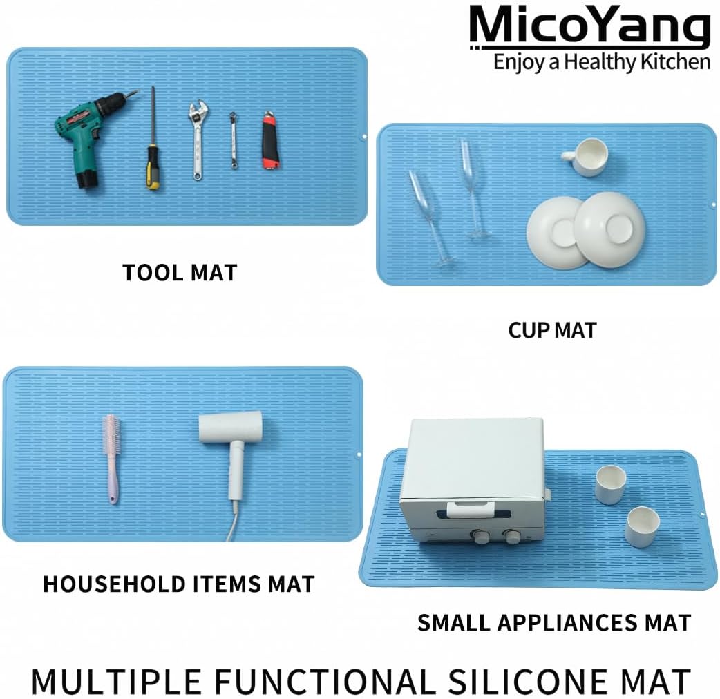 Silicone Dish Drying Mat for Multiple Usage,Easy clean,Eco-friendly,Heat-resistant Silicone Mat for Kitchen Counter or Sink,Refrigerator or Drawer Liner Light Blue 5XL 36inches x 18inches