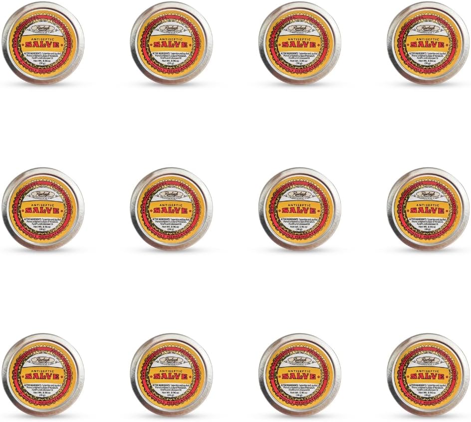 Rawleigh Antiseptic Yellow Salve Small Tin: 0.96 oz, Natural, Multi-Purpose Ointment Soothes Skin Cuts, Bruises, Irritations, with Turpentine, Phenol, Cottonseed Oil, Original Formula - Pack of 12