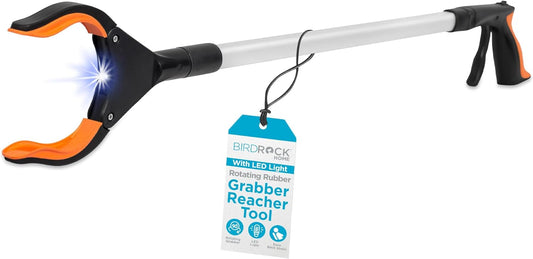 BirdRock Home Grabber Pick Up Tool with LED Light | 32 inch | Light Weight Aluminum Design | Reaching Aid | Articulating Rubber Head | Rubber Grip