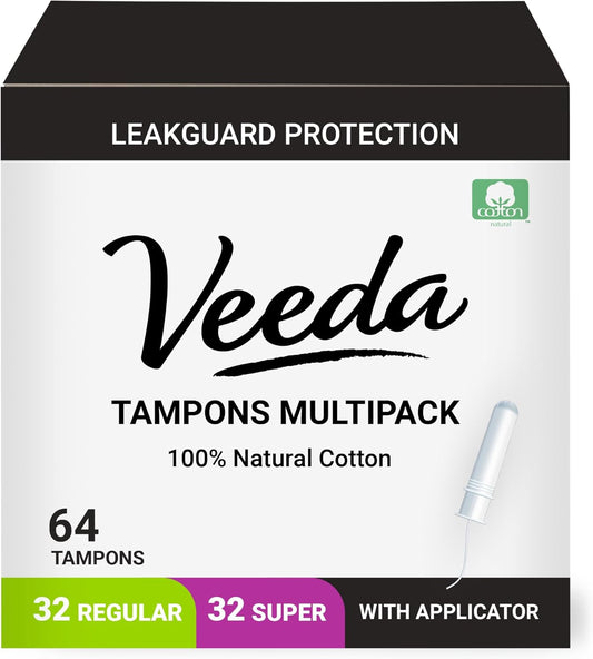 Veeda 100% Natural Cotton Compact Regular and Super Tampons - Compact BPA-Free Applicator - Unscented, Chlorine & Toxin Free - 32 Count Regular & 32 Count Super