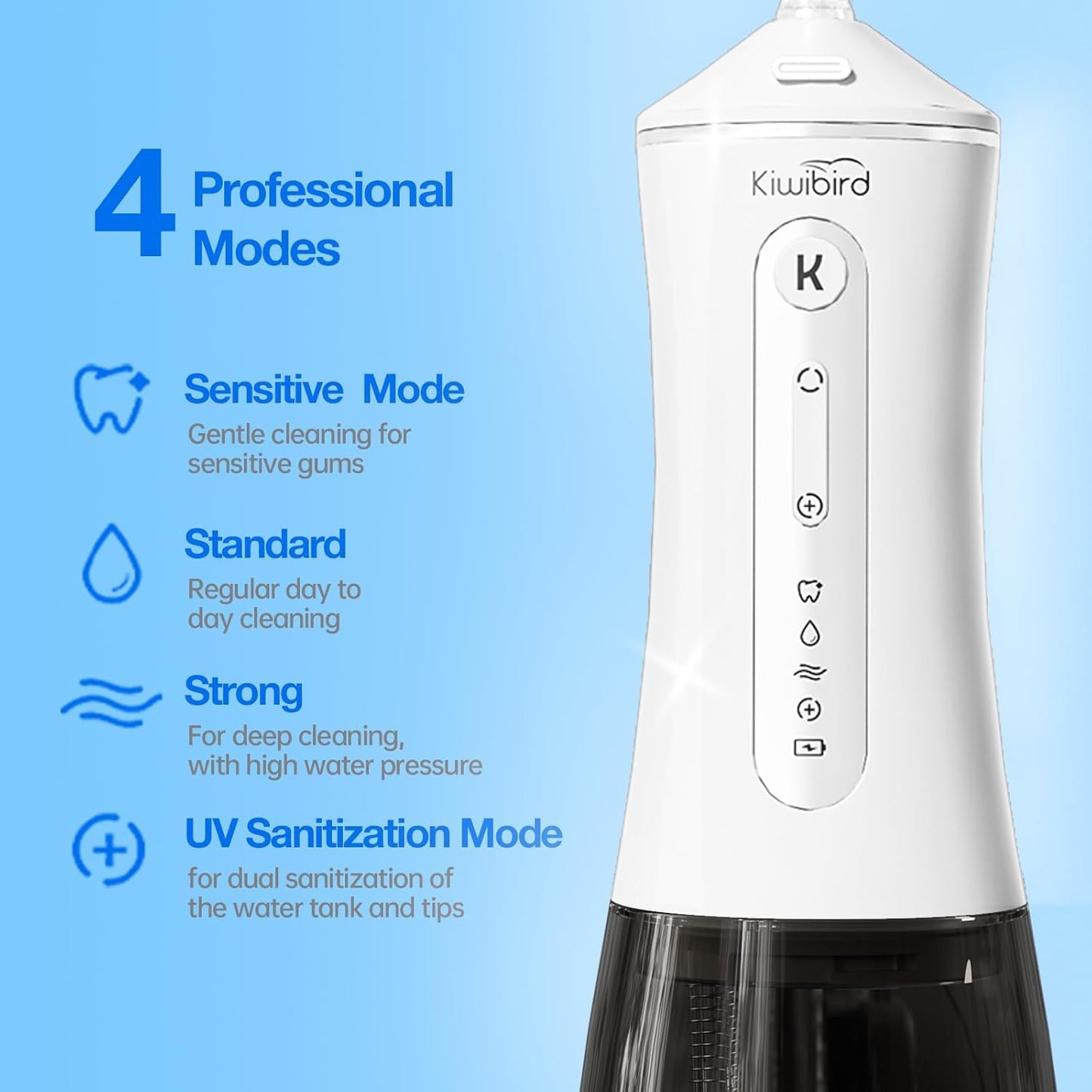 KIWIBIRD Water Dental Flosser Cordless with UVC Light, 3 Modes Portable Oral Irrigator, IPX7 Waterproof, 300ML Tank, Electric Teeth Cleaner for Tonsil Stones, Home & Travel Use (Black & White)