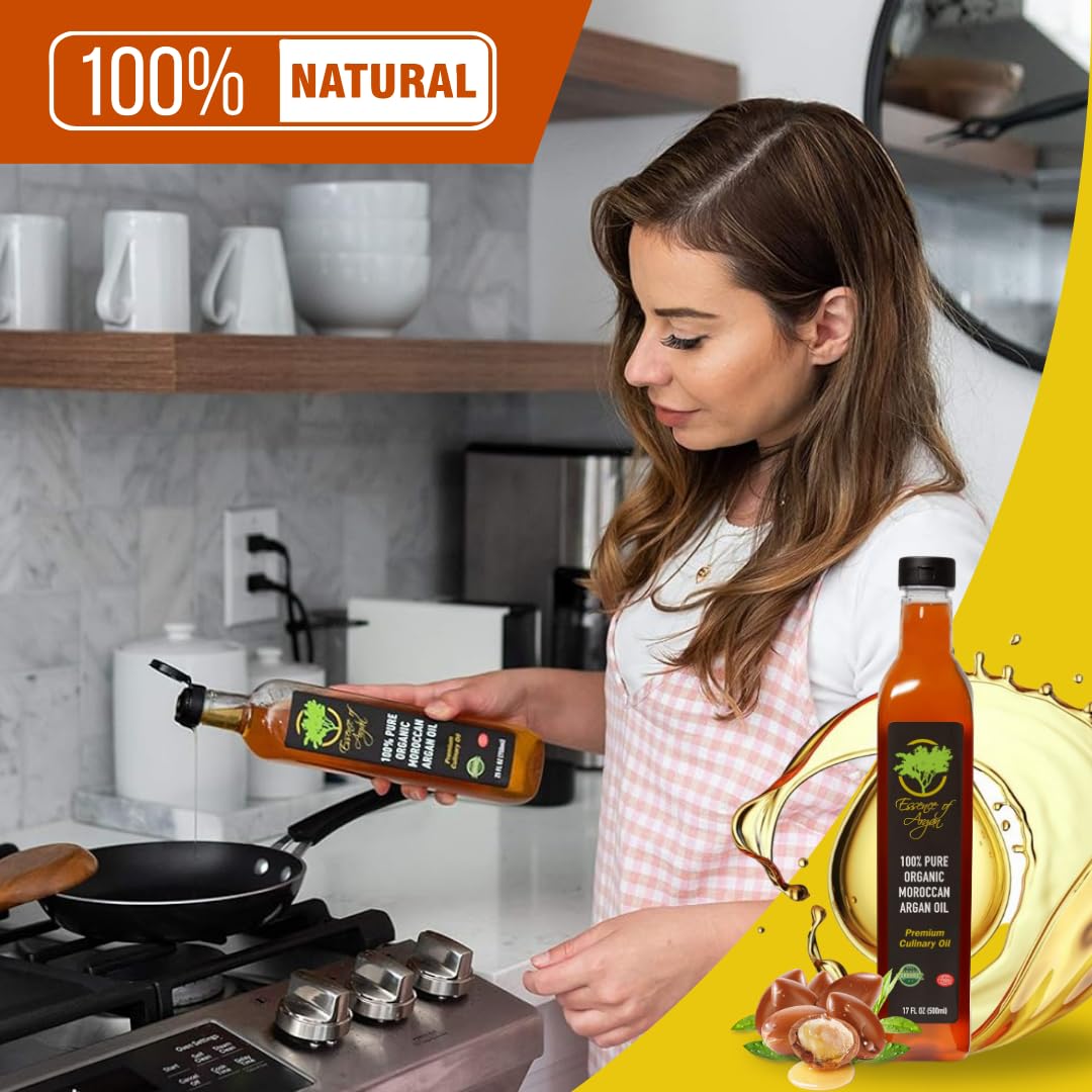 Essence of Argan Organic Edible Moroccan Argan Oil for Cooking 17 Ounces - USDA Approved, Eco-Certified Organic Argan Oil with Rich Nutrients - Premium Culinary Oil & Keto Dressing with Toasted Nutty Flavor