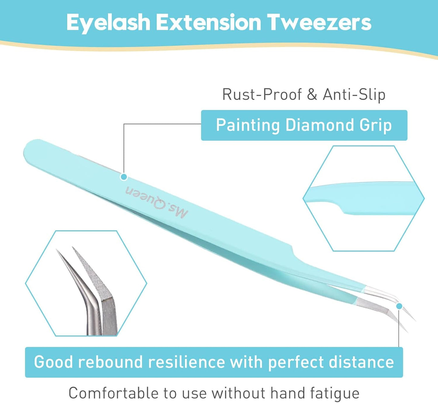 Ms.Queen Eyelash Extensions Tweezers,Professional Fiber Tip 45 Degree Lashing Tweezers for Volume Lash Extensions, Blue