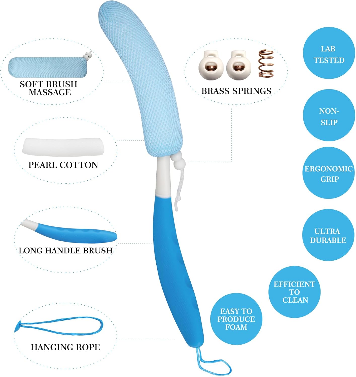 Long-Handle Back Bath Brush, with Anti-Slip Long-Handle Back Scrub net, is Used for Auxiliary Bath and Shower for The Elderly and People with Limited Activities (Blue-White)