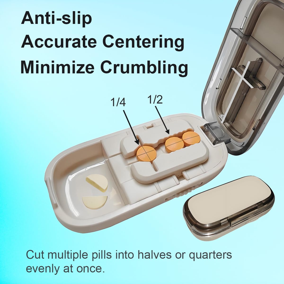 Pill Cutter for Cutting Multiple Pills, 1/2 1/4 Pill Splitter for Large, Small and Tiny Pills, with Improved Sharp Blade, Storage Organizer, Accurate Centering Alignment Device