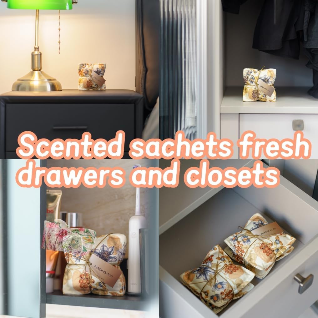 AUCUDA 4 Packs Sandalwood Scented Sachet Bags for Drawers and Closets, Potpourri Packets for Women Clothes, Handcraft Wedding Fragrance Mesh Pillow Summer, Bedroom Indoor Organza Fresheners Dried.