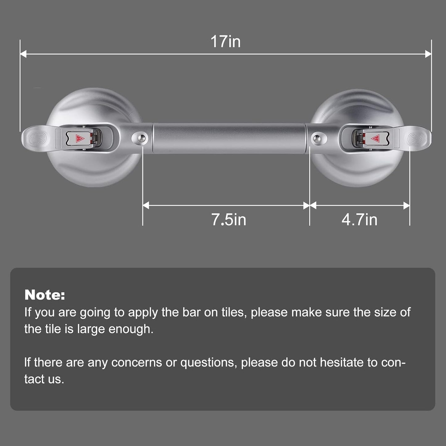 Heavy Duty Suction Shower Grab Bar - Toilet Bathroom Bathtub Safety - Shower Handles, Suction Cup Power Up to 250 LB, Perfect for Elderly Seniors(17 Inch, Gray Silver), Gray Silver