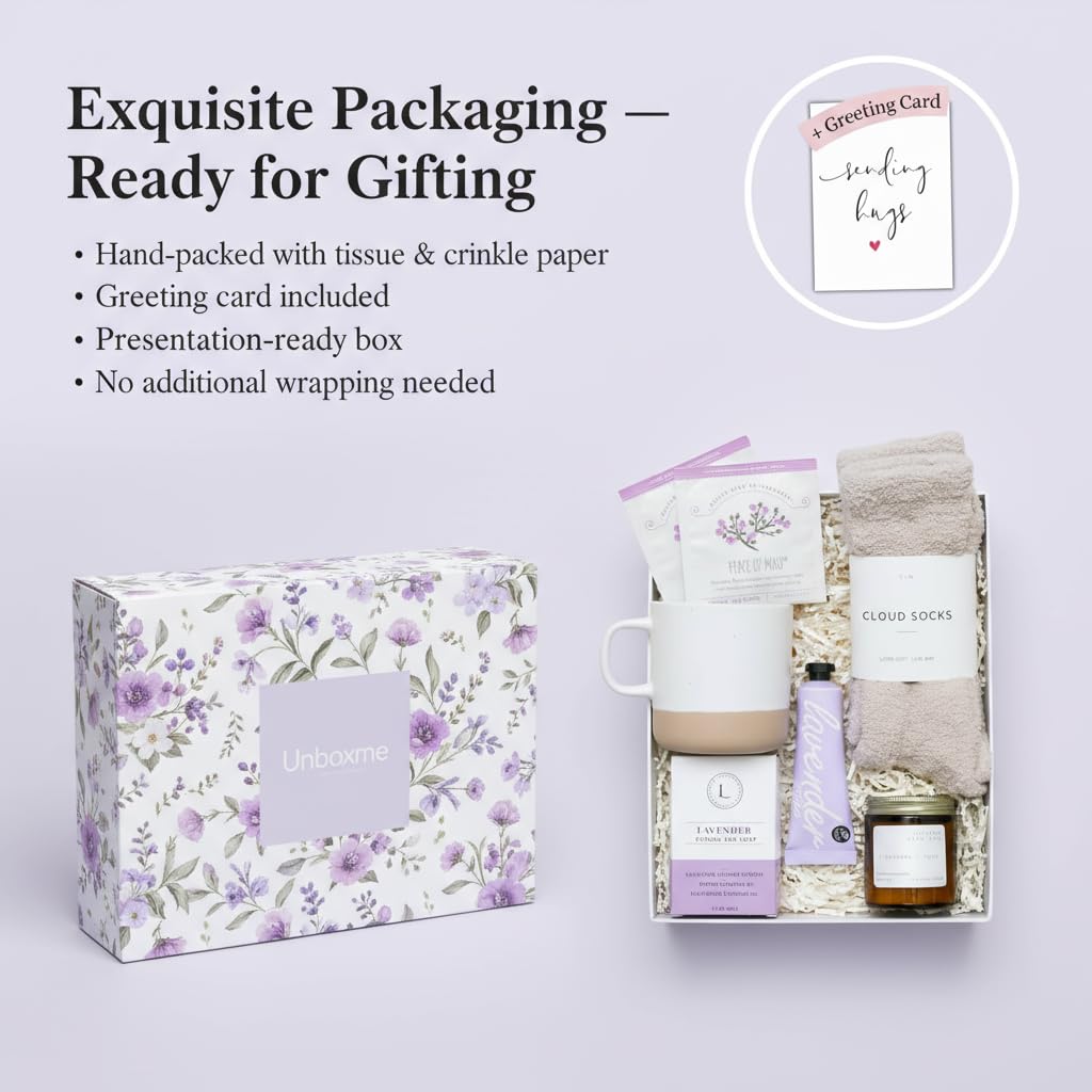 Unboxme Luxury Lavender Spa Gift Set – Relaxation Gift Basket & Care Package for Women with Candle, Bath Bomb, Soap, Cozy Socks, Mug & Tea – Get Well Soon, Sympathy, Birthday Self-Care Gift