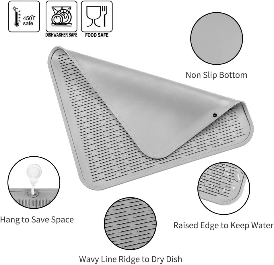 Silicone Dish Drying Mat for Multiple Usage,Easy clean,Eco-friendly,Heat-resistant Silicone Mat for Kitchen Counter or Sink,Refrigerator or Drawer Liner Grey 2XL 24 inches x 18 inches