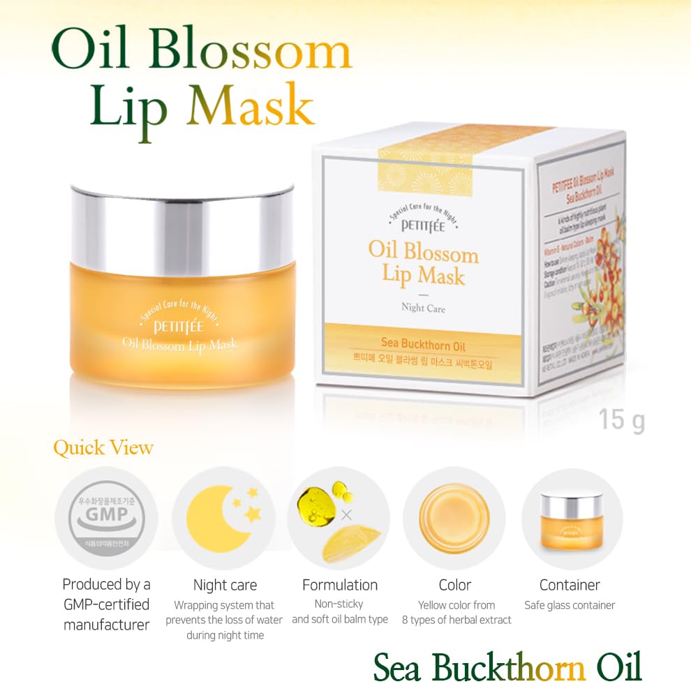 PETITFEE Sleeping Lip Mask Sea Buckthorn Oil 0.53 Oz. | Day & Night Lip Balm, Overnight Lip Mask, Lip Treatment for Dry & Crack Lips, Deep Moisturizing with Vitamin E, Shea Butter, 6 Phyto Oil Complex