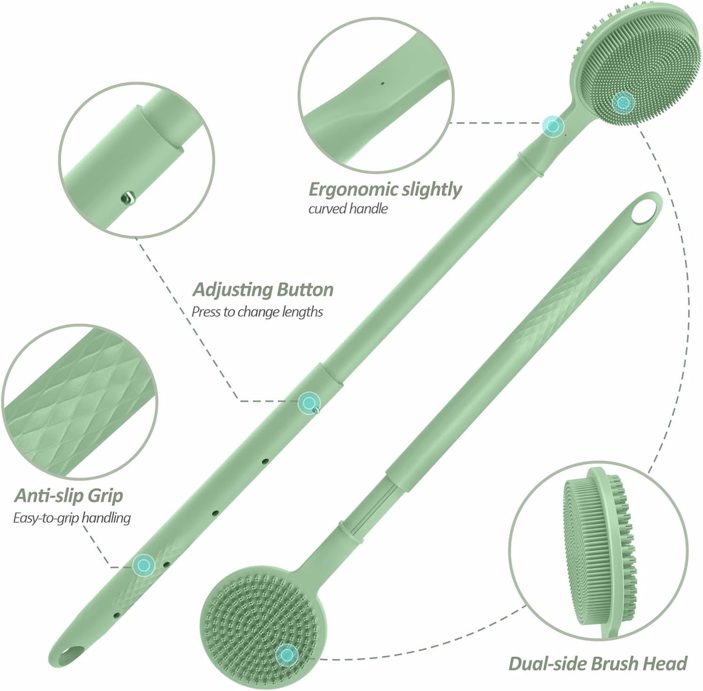 Adjustable Silicone Back & Face Scrubber Set, 16''-24'' Extendable Shower Back Scrubber with Dual-Side Head and Lathering Bristles, Manual Face Scrubber with Soft Bristle Non-Slip Handle(Green)