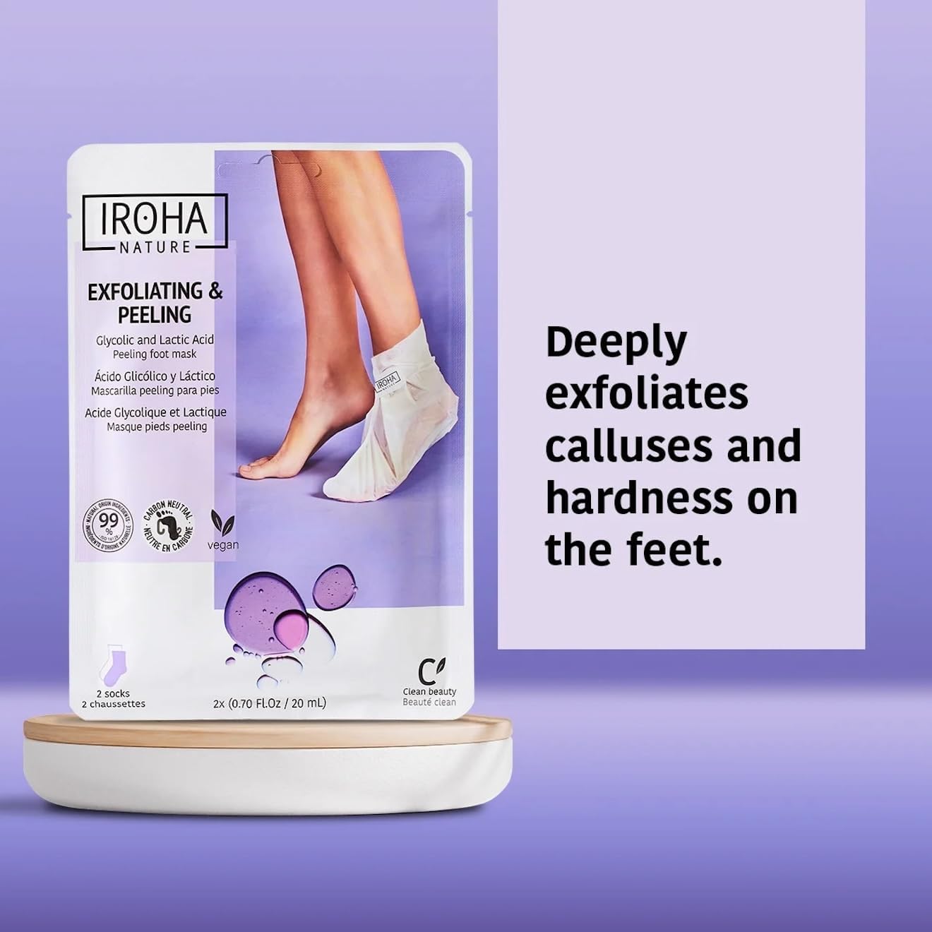 IROHA NATURE Exfoliating Foot Peeling Socks | 2 Pairs (2 Uses)| With Glycolic, Lactic, Salicylic Acids & Lavender | Intensive Treatment for Callused, Dry & Cracked Feet | Vegan Formula