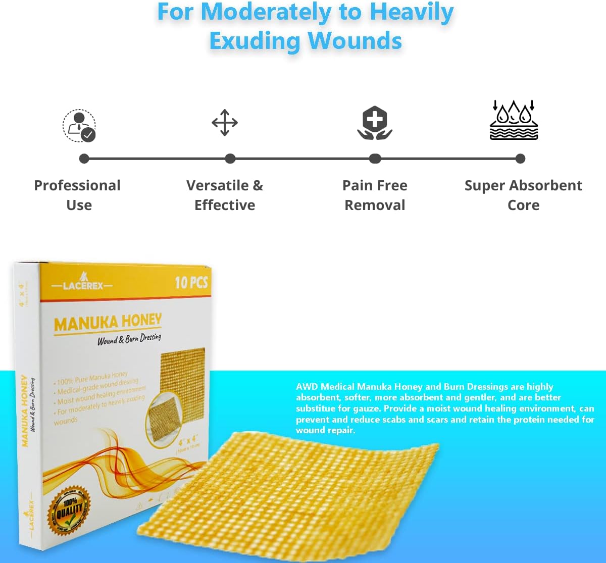 AWD Manuka Honey Gauze Dressing - 100% Impregnated Medical Grade Honey Patches - Medical Supplies, Wound Care, and First Aid - Gauze Pads 10 Count (4"x4")