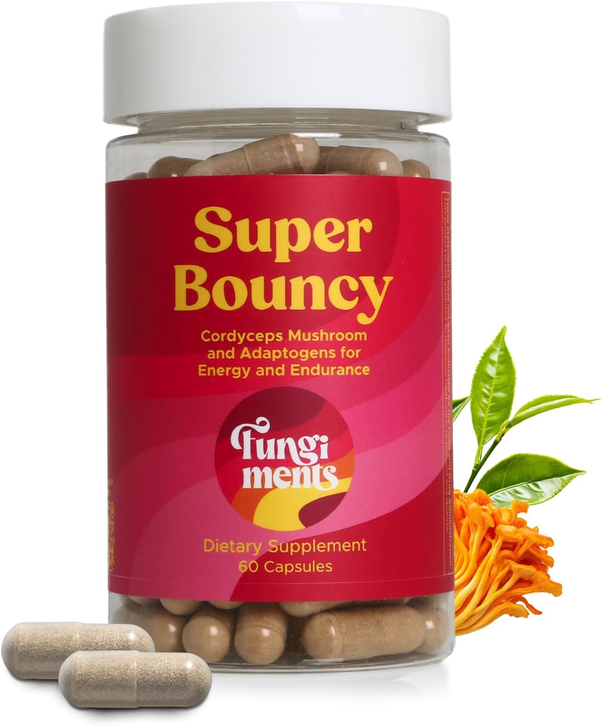 Super Bouncy - Mushroom Supplement - Cordyceps Mushrooms, Green Tea, Ginseng - Energy and Focus (60 Capsules)