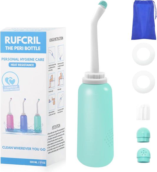 RUFCRIL Peri Bottle, Portable Travel Bidet with Bag, TPE Material Can Be Boiled, 17oz/500ml with 2 Sealing Rings,Essentials for Postpartum Perineal Care,Feminine Cleansing,and Baby(Green)