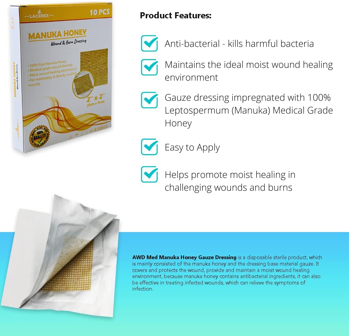 AWD Manuka Honey Gauze Dressing - 100% Impregnated Medical Grade Honey Patches - Medical Supplies, Wound Care, and First Aid - Gauze Pads 10 Count (2"x2")