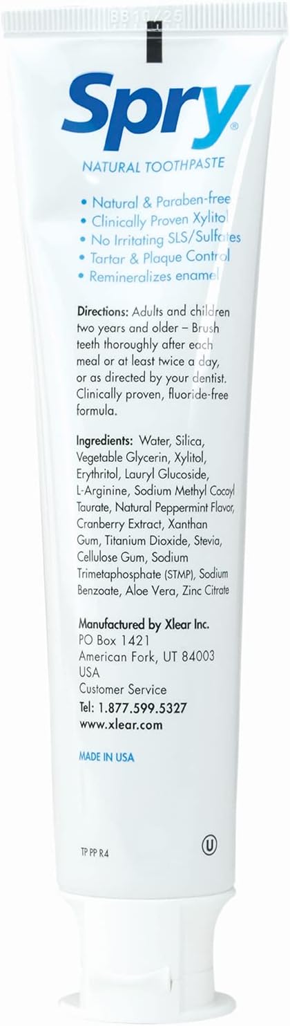 Spry Natural Xylitol Toothpaste 5oz for Adults and Kids - Fluoride Free, Gentle for Sensitive Teeth Whitening and Remineralizing, Breath Freshening, Mouth Moisturizing, Peppermint (Pack of 6)