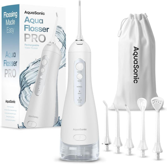 AquaSonic Aqua Flosser PRO - Rechargeable Cordless Water Flosser for Teeth, Gums & Tongue - Modern Design, 300ml Large Tank, 6 Jet Tips with Deluxe Tongue Nozzle, 3 Modes, Waterproof Optic White
