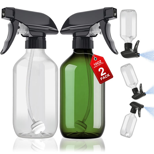 2 Packs Plastic Spray Bottles 360° Water Spray Bottle for Cleaning - 10 oz/300 ml Upside Down Spray Bottle Small Squirt Bottle with Adjustable Nozzle for Hair, Cooking, Plant, Pet (Clear + Green)
