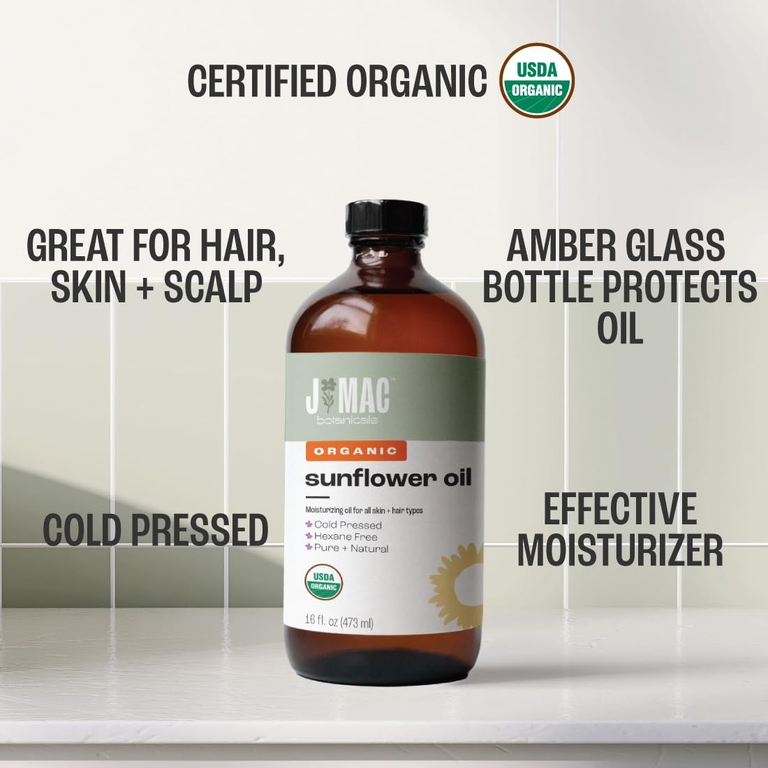 J MAC BOTANICALS Organic Sunflower Oil (16 oz Glass Bottle) USDA Organic Certified 100% Pure Carrier Oil, Moisturizing & Nourishing for Skin, Face, Hair