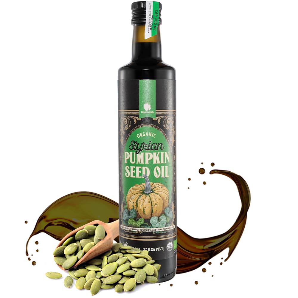 Gourmanity Organic Cold Pressed Styrian Pumpkin Seed Oil, Traditionally Made in Austria, 100% Pure Healthy and Delicious Oil, Non-GMO, Vegan and Keto Friendly, Perfect Drizzled Over Salads, 16.9 oz