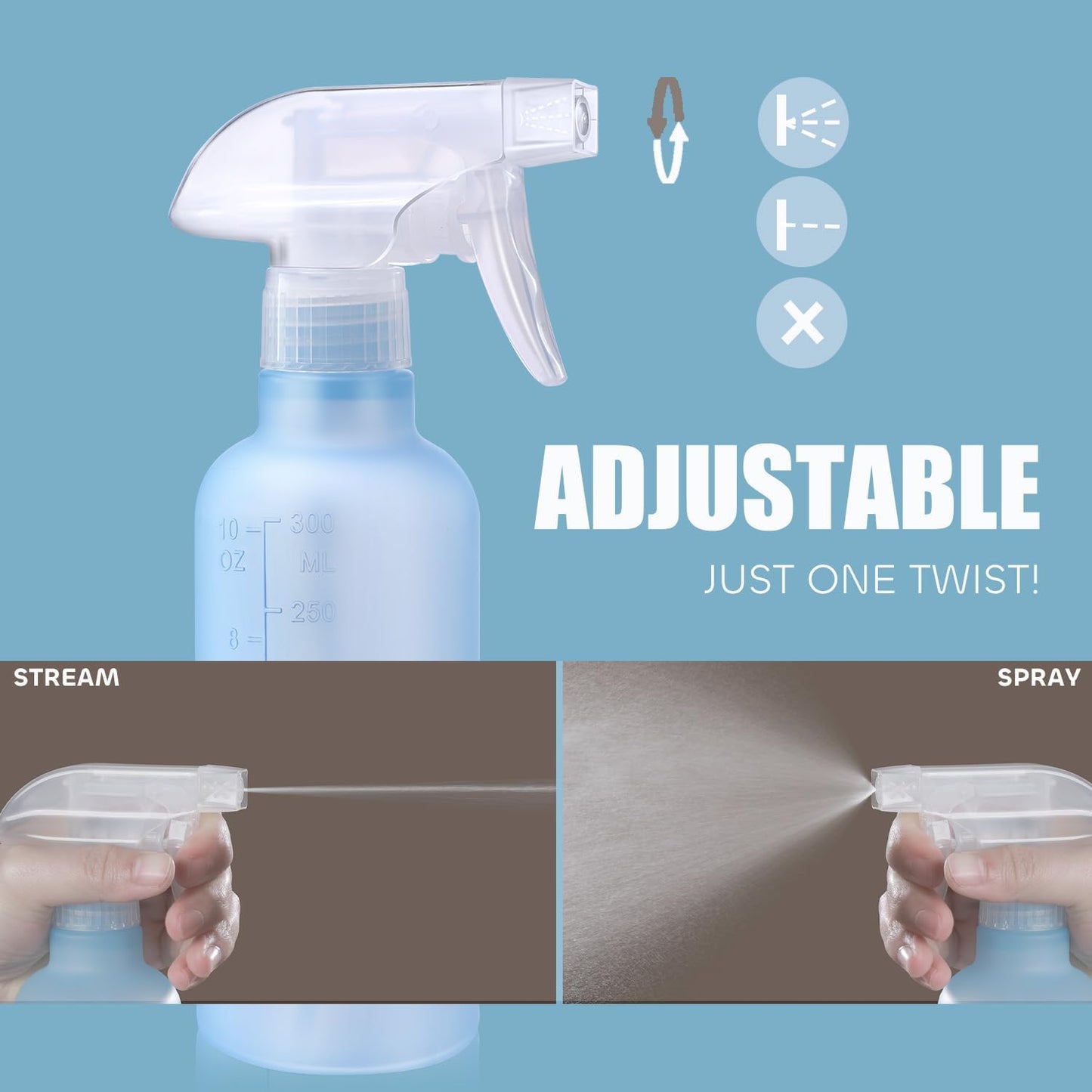Spray Bottles, Small Water Spray Bottle for Hair Cleaning Plants Pet, Mist/Stream Adjustable, BPA-free Plastic Spray Bottle 10 oz (300ml), Squirt Bottle 2 Pack