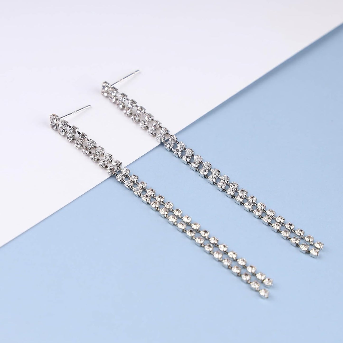 Vintage Rhinestone Chandelier Drop Earrings Long Crystal Chain Earrings Silver Tennis Chain Tassel Earrings Shine Cz Dangle Earrings Jewelry for Women