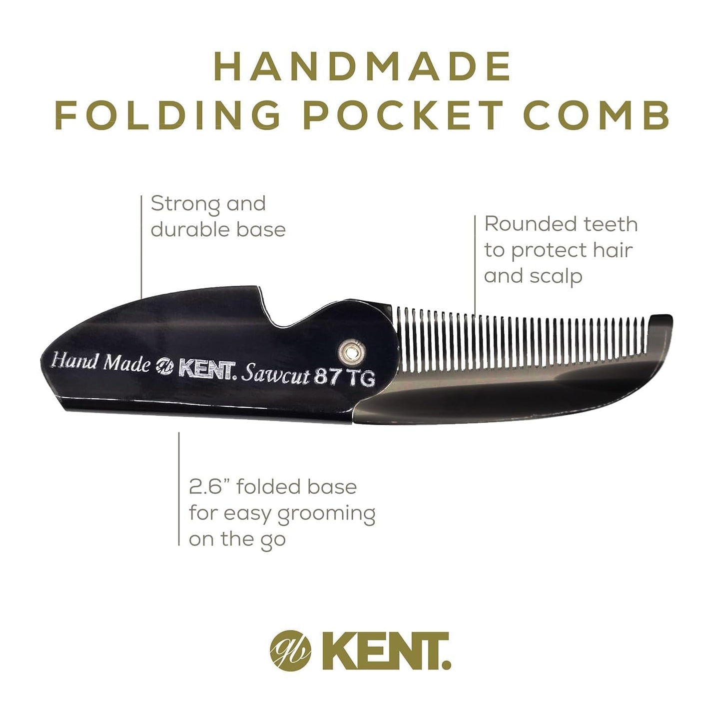 Kent 87T Combo Handmade Folding Pocket Comb for Men, Fine Tooth Hair Comb Straightener for Everyday Grooming Styling Hair, Beard or Mustache, Use Wet or Dry, Saw Cut Hand Polished, Made in England