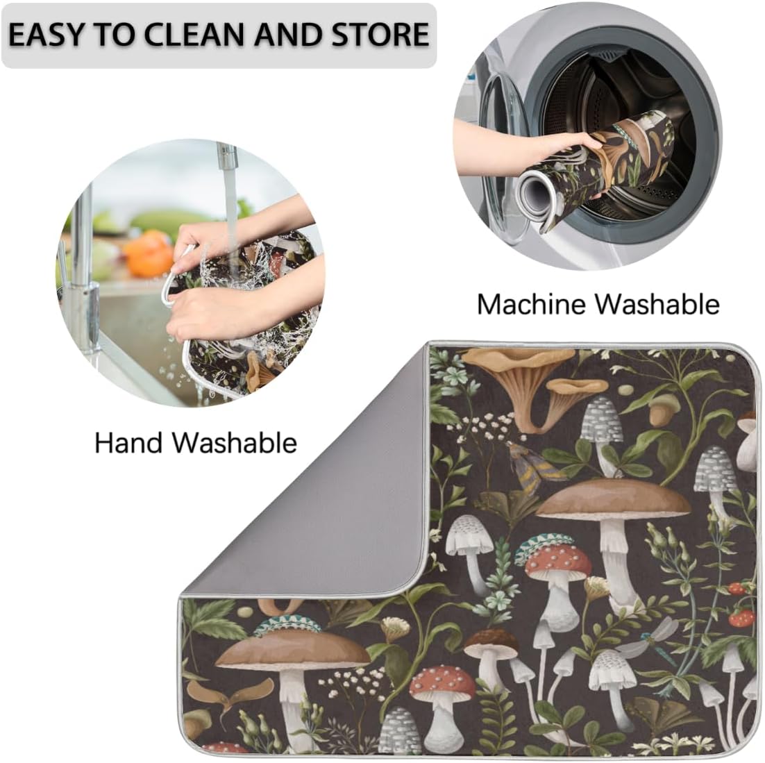 Hexteria Mushroom Dish Drying Mat For Kitchen Counter 18 X 24 Inch, Microfiber Absorbent Dish Drainer Mat for Countertops Protector Pad