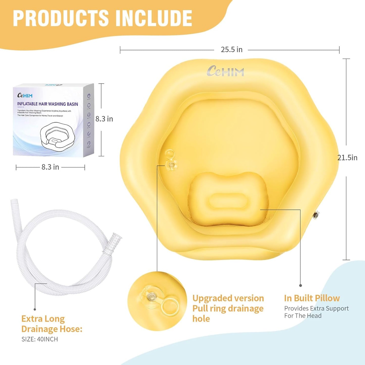 Inflatable Shampoo Basin for Bedridden, Elderly & Disabled - Petal-Shape Large Size, 360° Neck Support, Central Drain Hole with Pull Ring | Leak-Proof PVC Portable Hair Washing Bowl (Yellow)