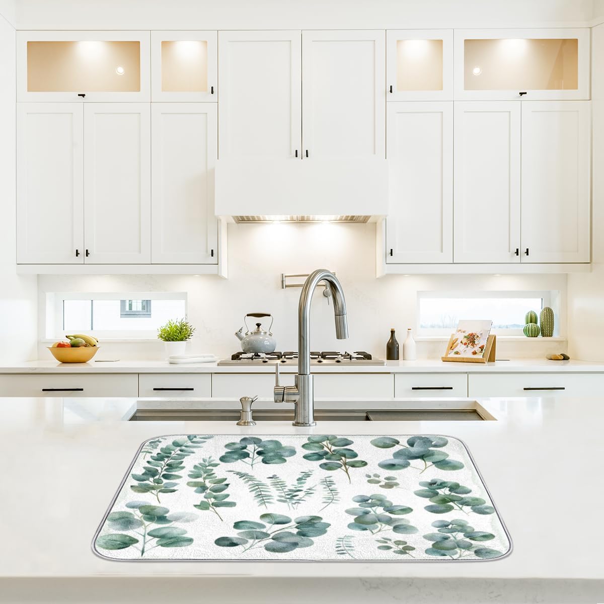 Hexteria Dish Drying Mat for Kitchen Counter Dish Mat Pad Absorbent Microfiber Kitchen Drying Mat Dish Drainer Rack Mat, 16x18 Inch, Eucalyptus Leaves