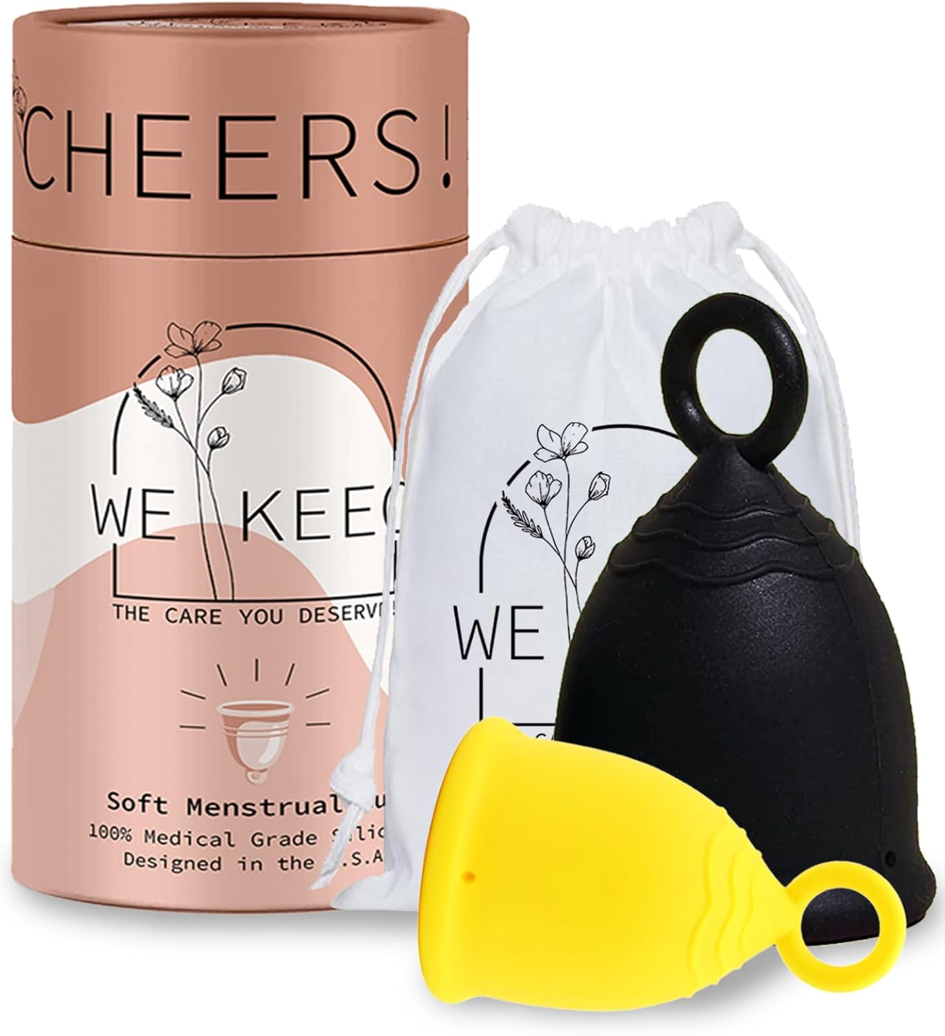 Menstrual Cup - Reusable, Soft & Safe Medical Grade Silicone Period Cup - 12 Hours Comfort - Eco Friendly Tampon & Pad Alternative for Active Lifestyle & Heavy Flow (Yellow & Black)