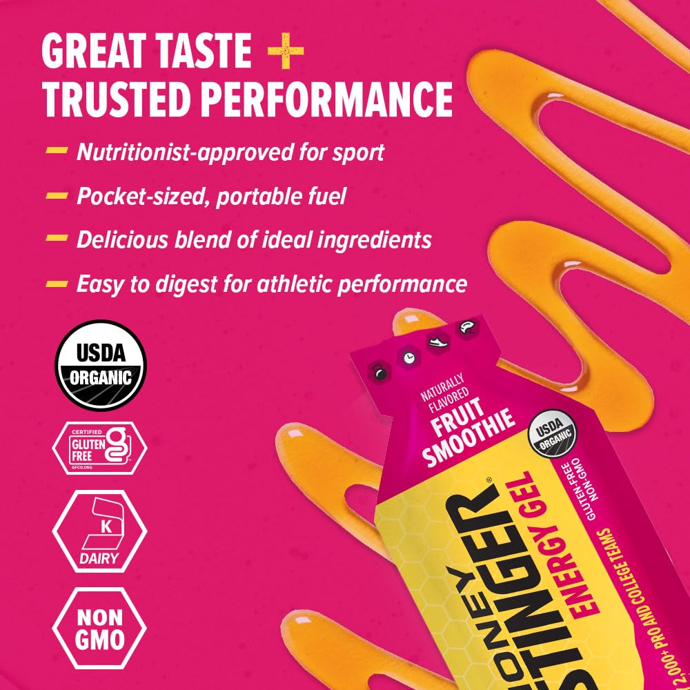 Honey Stinger Organic Fruit Smoothie Energy Gel, Gluten Free & Caffeine Free, for Exercise, Running and Performance, Sports Nutrition for Home & Gym, Pre & Mid Workout, 24 Pack, 26.4 Ounce