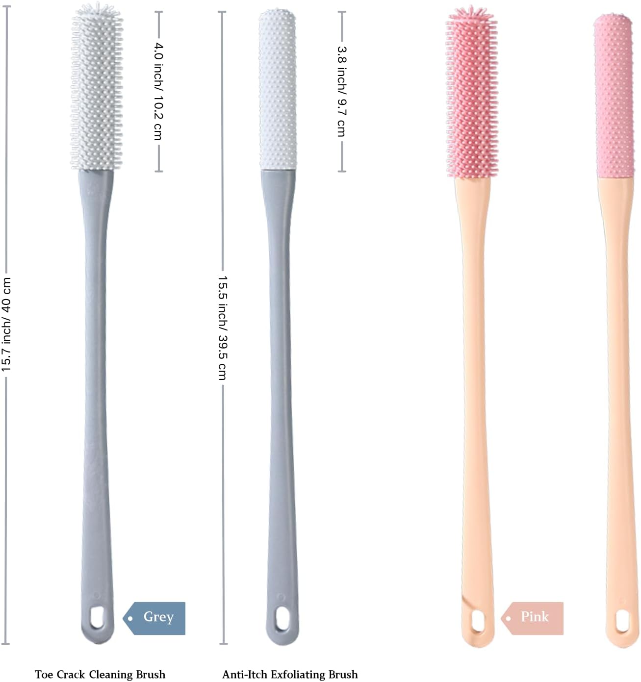 Toe Cleaning Brush with 15.7" Long Handle,Foot Scrubber in Shower,No Bending, Ideal for Seniors, Expecting Mothers, Men & Women | Foot Scrubber & Anti-Itch Exfoliating Brush (2 Pack) (Grey)