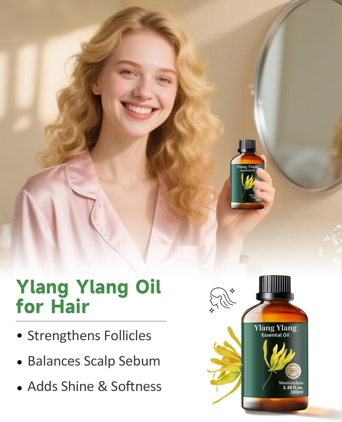 Mumianhua 100% Pure Ylang Ylang Essential Oil Natural Ylang Ylang Oil for Diffuser, Perfumes, Aromatherapy, DIY,Skin, Hair, Candle, Soap Making 3.38 Fl Oz