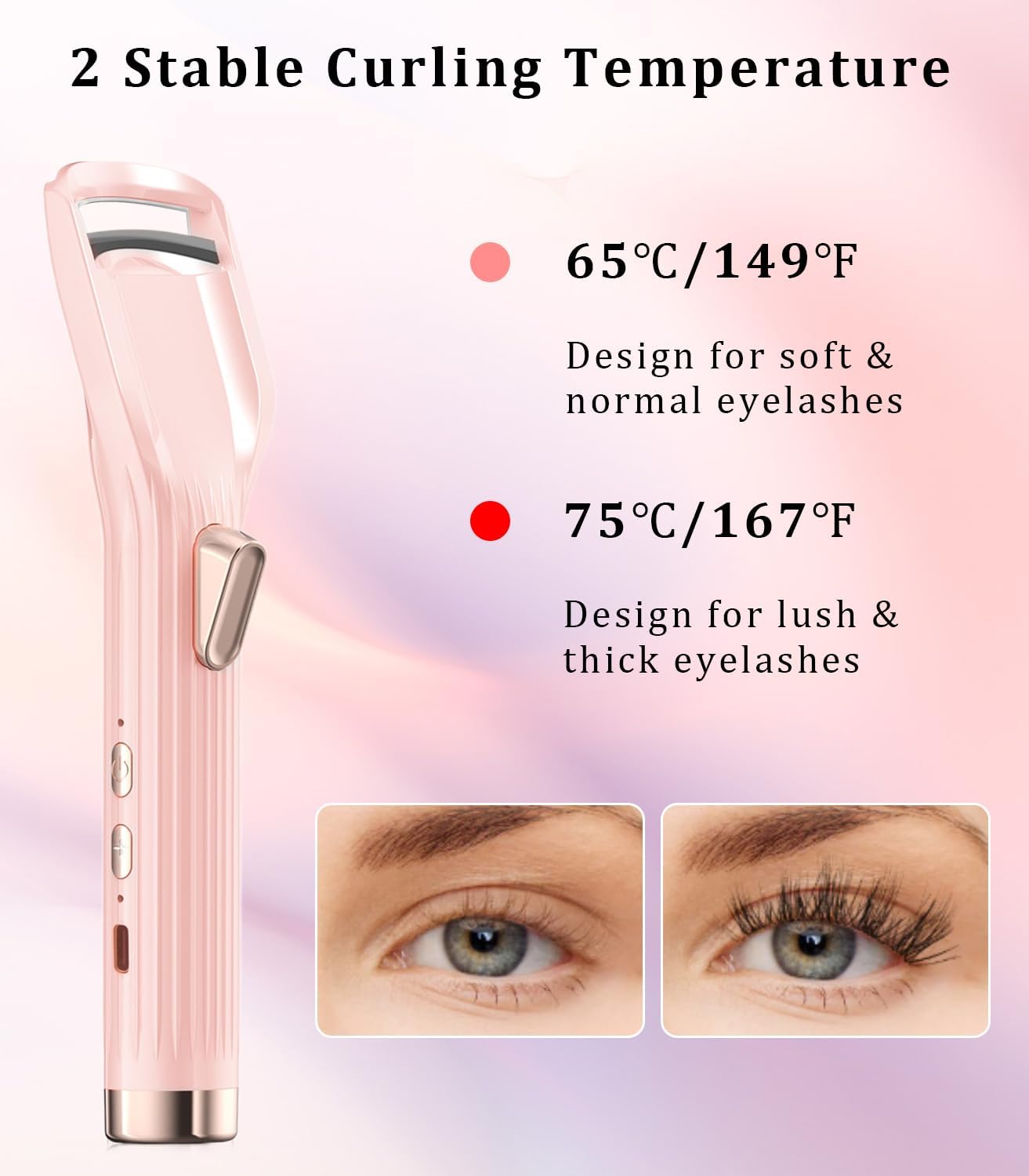 Heated Eyelash Curler Premium PRO - Fast Heat up in 8s - 24 Hours Long Lasting - Rechargeable Electric Eyelash Curler with Type-C, Innovative L Silicone, 2 Heat Modes, Anti-Burn Eyelid, Pink-DB