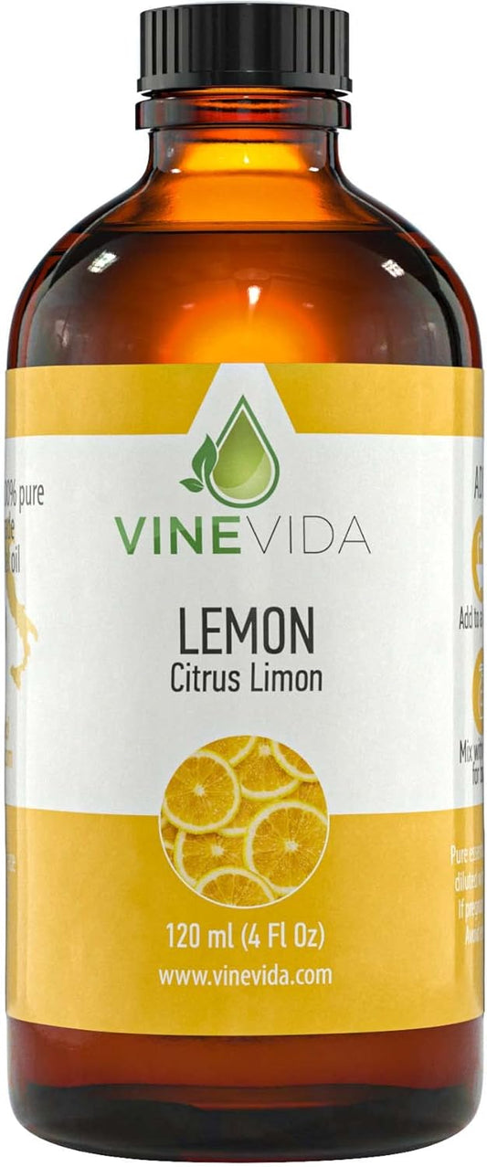 VINEVIDA Lemon Essential Oil 4 oz - Undiluted Lemon Oil 4 oz - Lemon Candle Oil Scent - DIY Candle Scents for Candlemaking - Bulk Essential Oil for Soap Making Safe for Skin (4OZV-OBP-LEM-ARG-120ML)