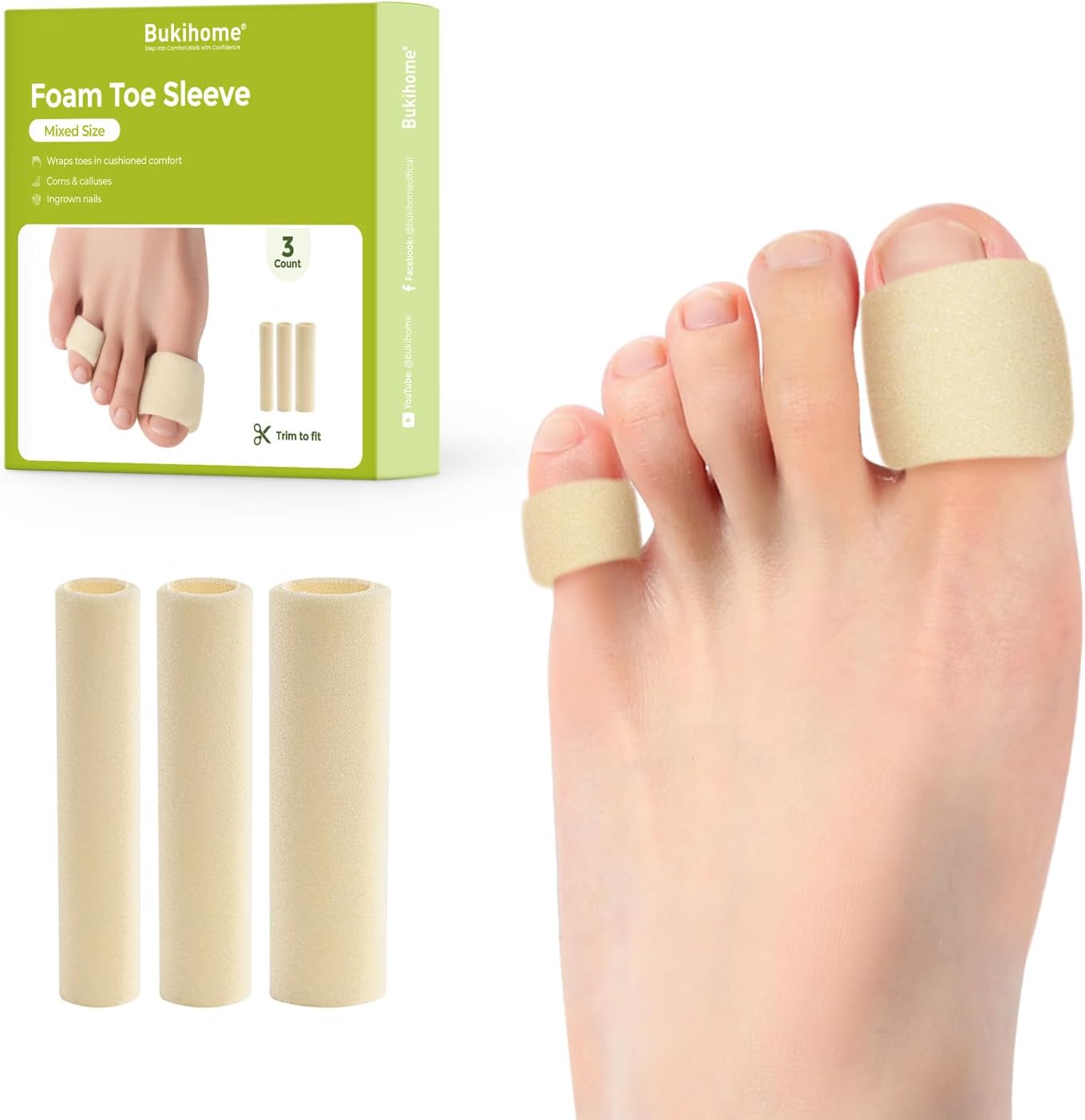 Bukihome Cuttable Toe Tubes Sleeves - Foam Toe Protectors for Corns, Calluses, Blisters - Fabric & Breathable Gel Lining Toe Sleeve Protectors Relief Pressure Pain - 3 Count, White