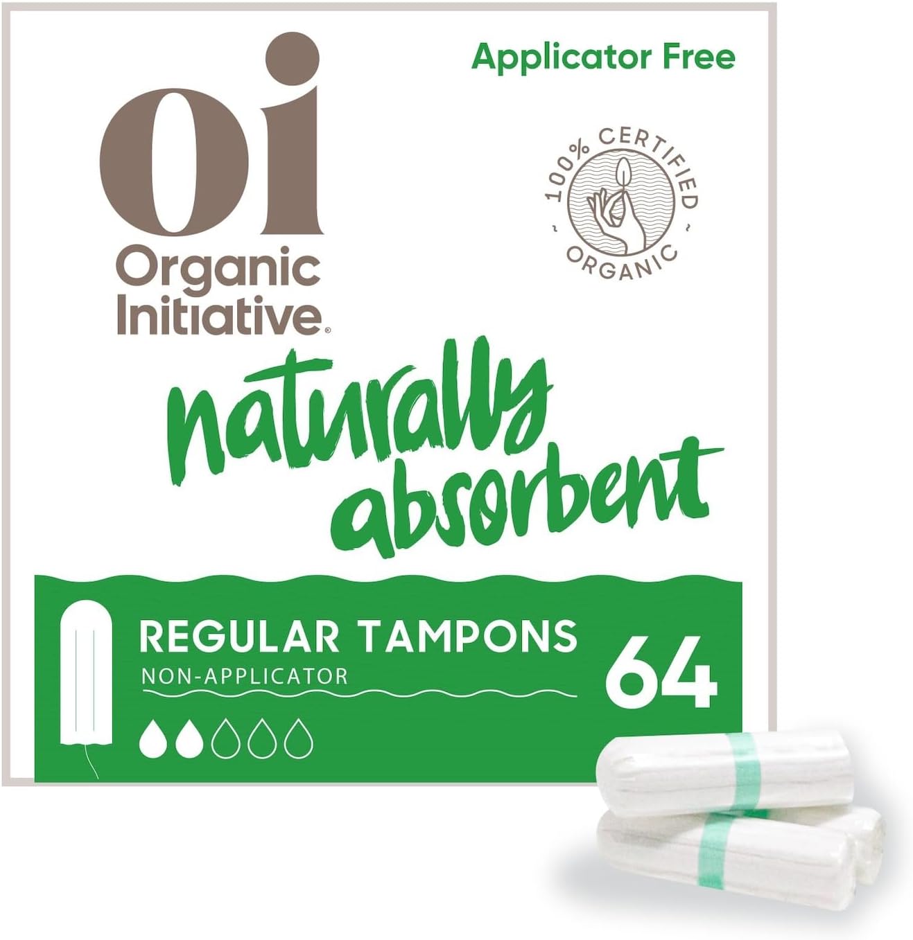 Oi | Organic Initiative - 100% Certified Organic Cotton Non-Applicator Tampons | Ultra-Absorbent, Unscented, Natural, Non-Toxic, Applicator Free | Regular | 64 Count