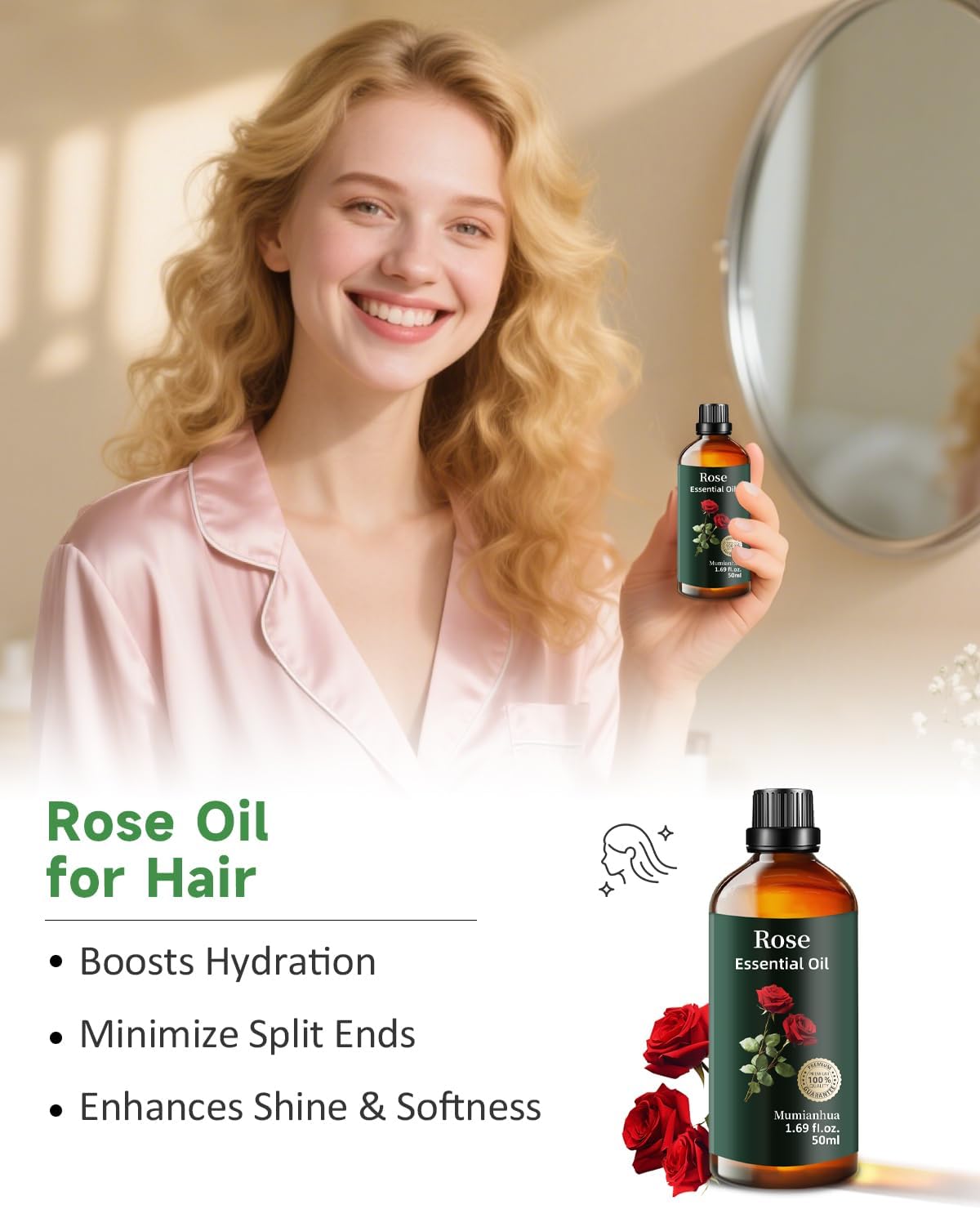 Mumianhua Rose Essential Oils 100% Pure, Therapeutic Grade Rose Oil for Diffuser, Skin Care, Aromatherapy & Home Crafting,Candles Making1.69 Fl Oz