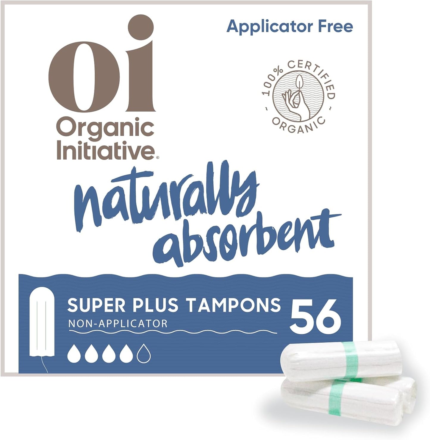 Oi | Organic Initiative - 100% Certified Organic Cotton Non-Applicator Tampons | Ultra-Absorbent, Unscented, Natural, Non-Toxic, Applicator Free | Super Plus | 56 Tampons
