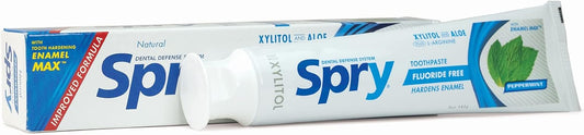 Spry Natural Xylitol Toothpaste 5oz for Adults and Kids - Fluoride Free, Gentle for Sensitive Teeth Whitening and Remineralizing, Breath Freshening, Mouth Moisturizing, Peppermint (Pack of 2)