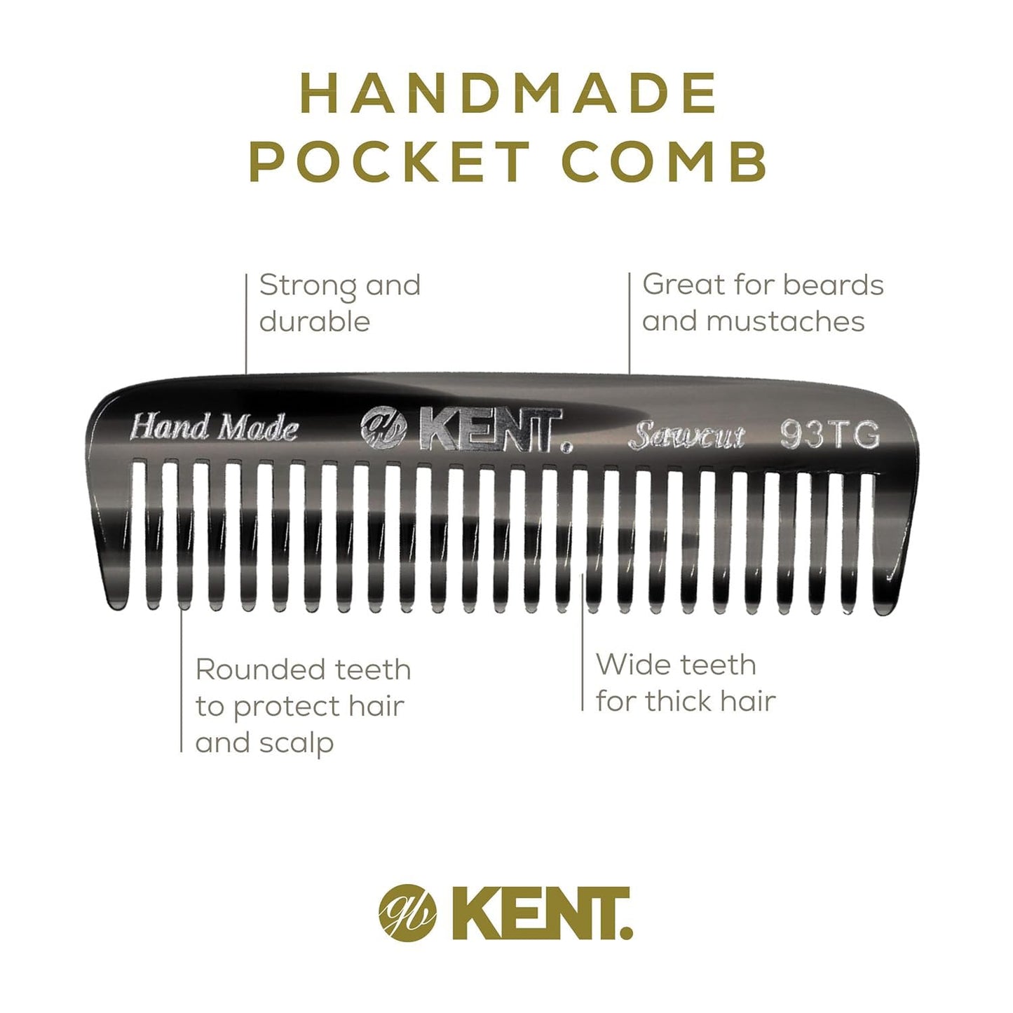 Kent 93T Black Graphite Wide Tooth Men's Comb, for Mustache and Beard ideal for Facial Hair, Small Pocket Sized Travel Detangler Comb, Saw-Cut Hand polished Made in England