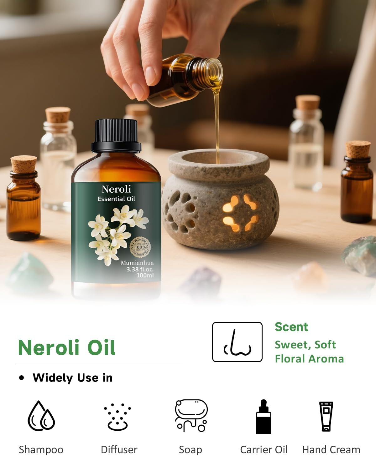 Mumianhua Neroli Essential Oil 100% Pure- Therapeutic Grade Orange Blossom Oil for Cleaning Sprays, Home Perfume & Women's Cologne | Citrus Floral for Diffuser, Candle & Soap Making 3.38 Fl Oz