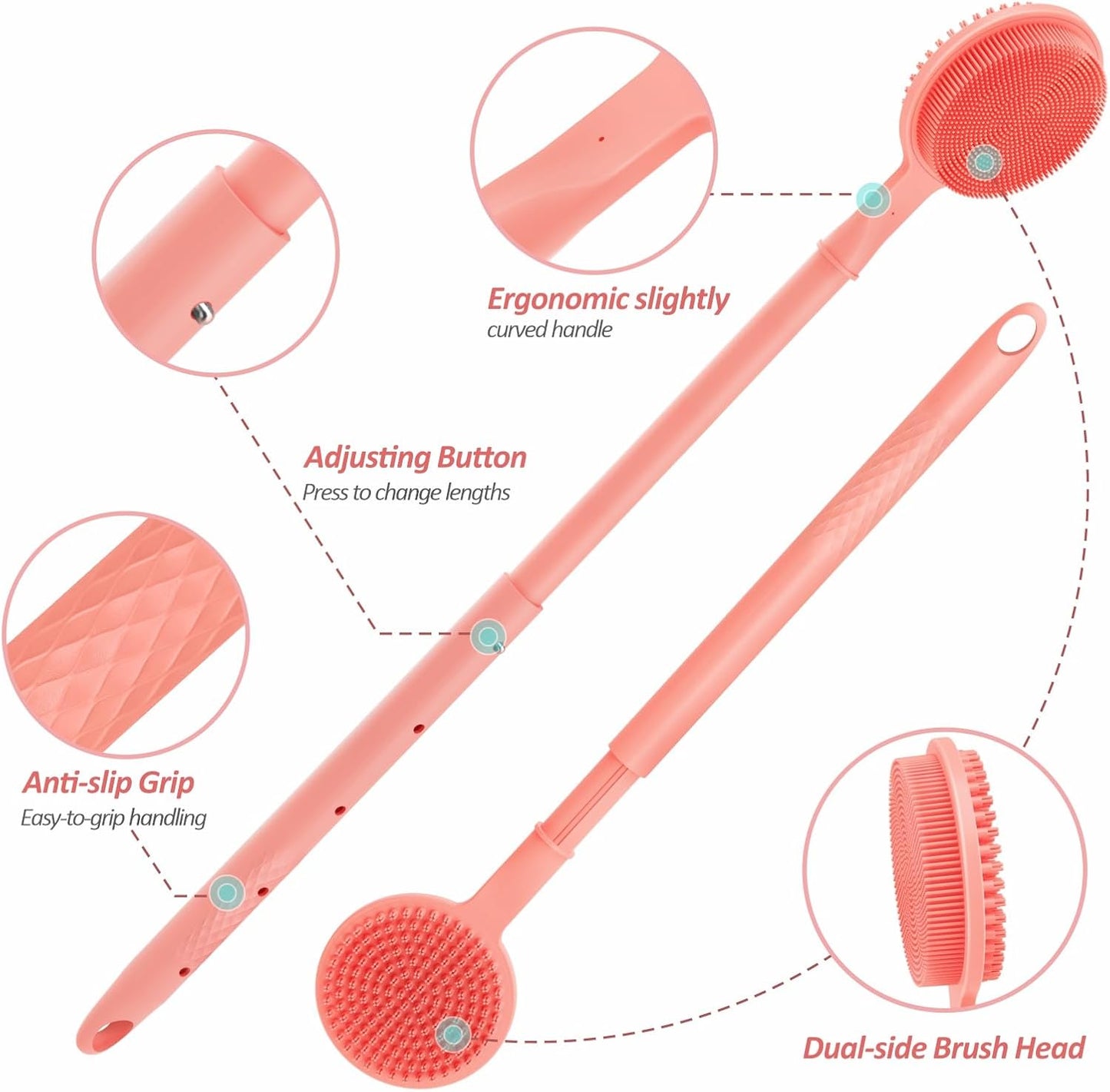 Adjustable Silicone Back Scrubber for Shower, 16''-24'' Extendable Shower Back Scrubber for Rich Foam, 5-Length Back Brush Bath Brush with Dual-Side Head and Super-Lathering Bristles(Pink)