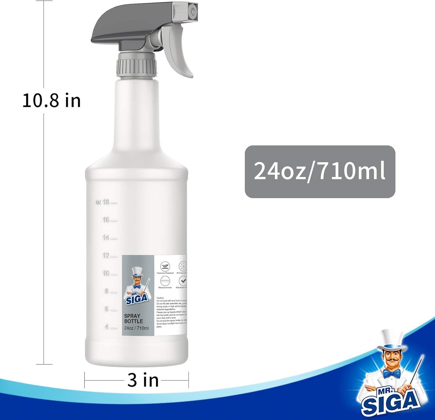 MR.SIGA 24 oz Empty Plastic Spray Bottles for Cleaning Solutions, Heavy Duty Household Reusable Spray Bottles with Measurements and Adjustable Leak Proof Nozzle, 3 Pack